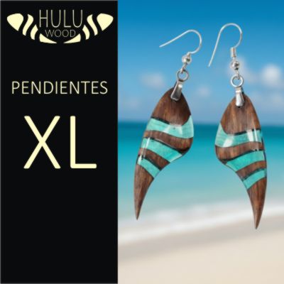 imagen colección de pendientes largos de madera y resina Huluwood tamaño XL grandes