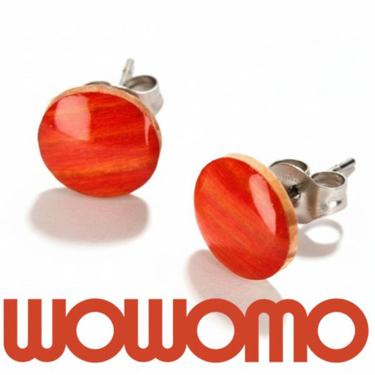 pareja de pendientes circulares wowomo 9mm en madera de pino silvestre y color naranja intenso veteado