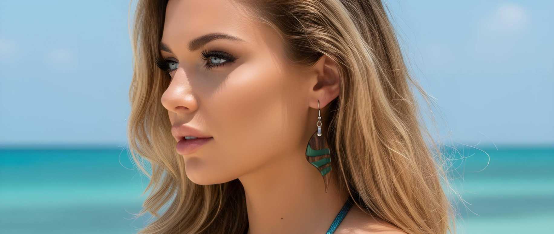 hermosa mujer castaña con ojos claros y en un entorno de playa lleva puestos los pendientes emblema de madera y resina de HuluWood